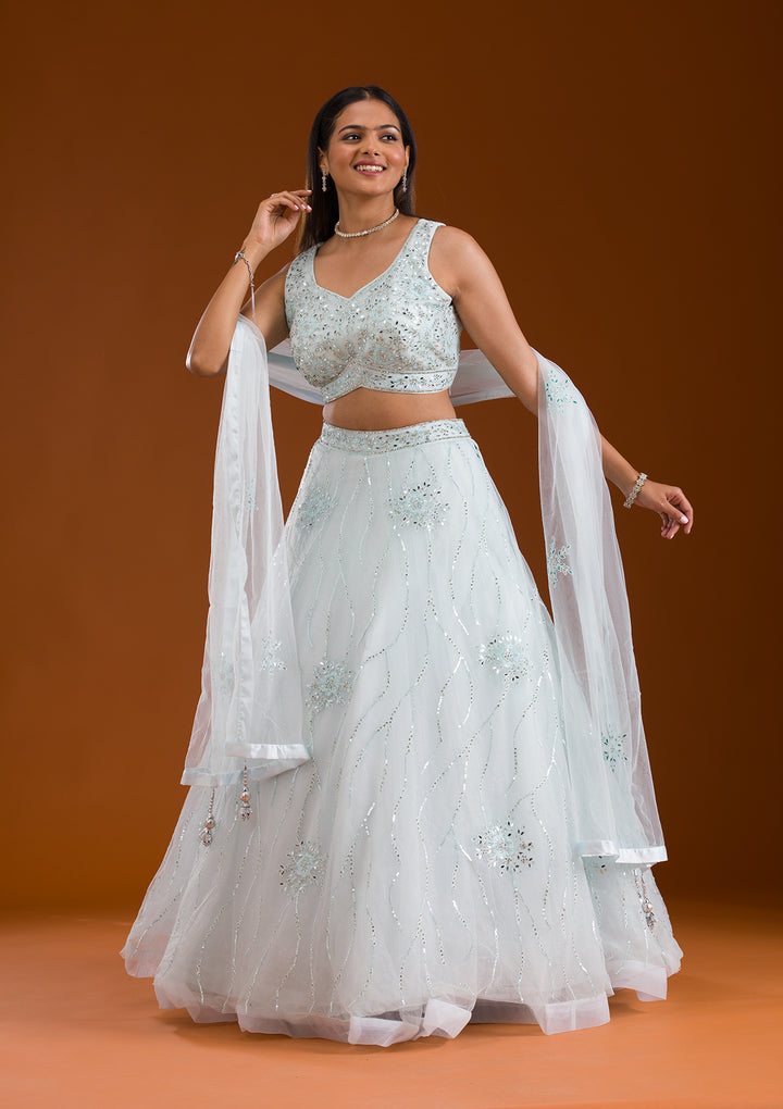 Sea Green Stonework Net Readymade Lehenga