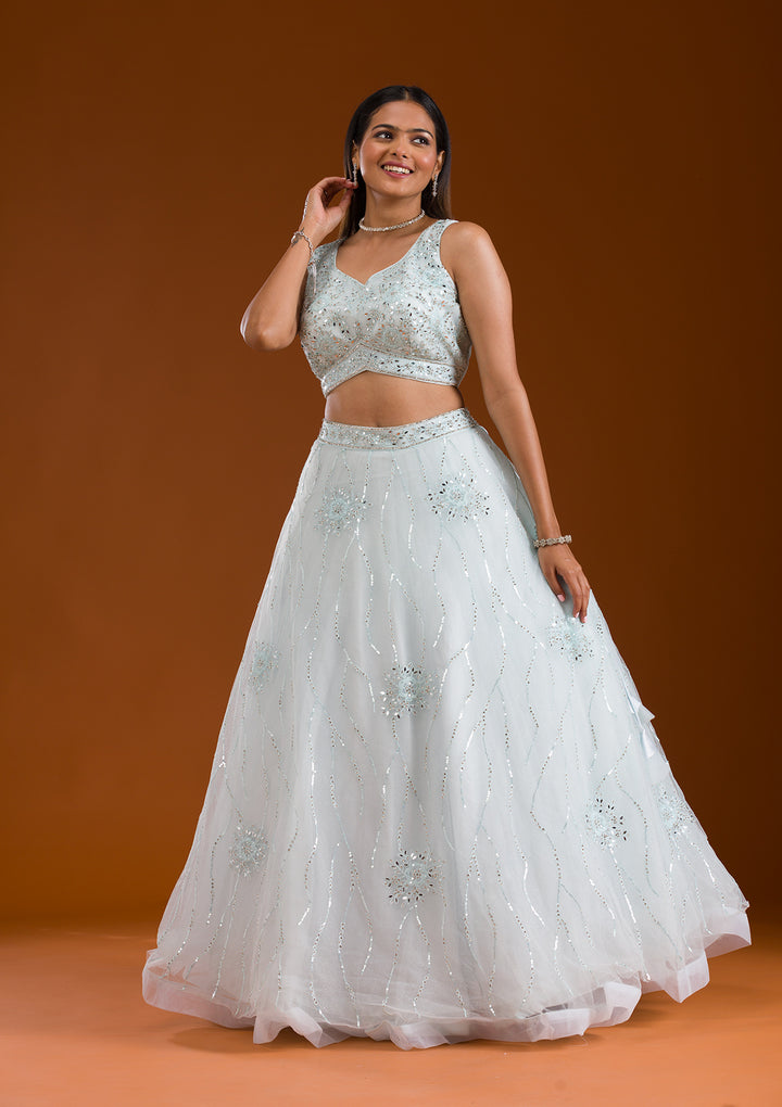 Sea Green Stonework Net Readymade Lehenga