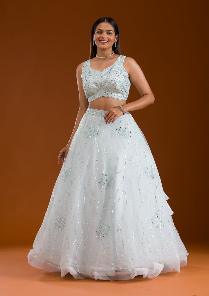 Sea Green Stonework Net Readymade Lehenga
