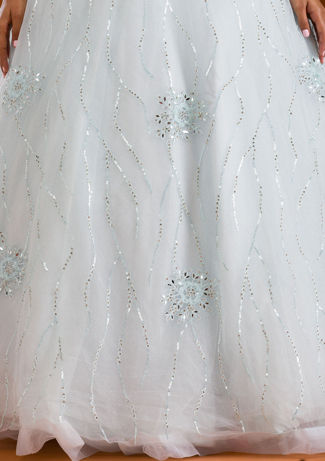 Sea Green Stonework Net Readymade Lehenga