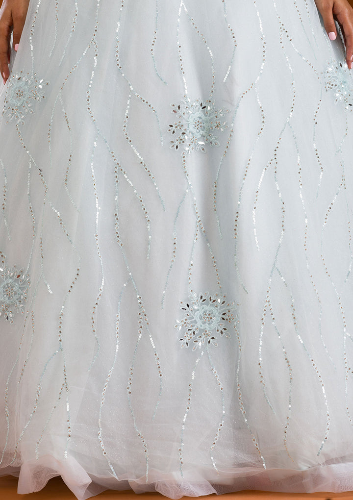 Sea Green Stonework Net Readymade Lehenga