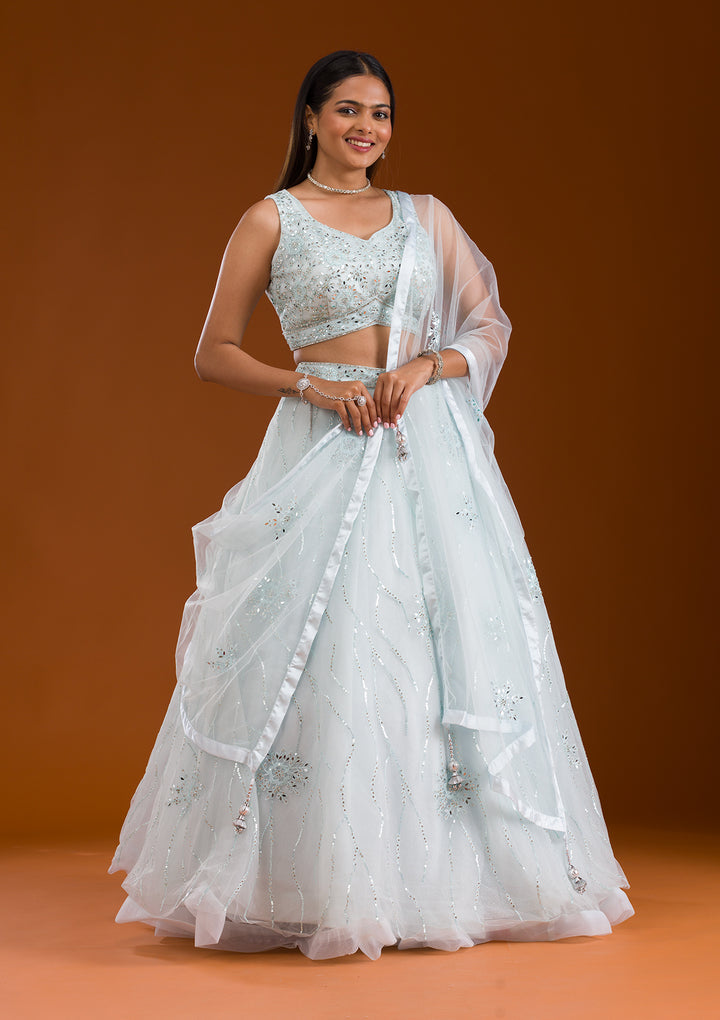 Sea Green Stonework Net Readymade Lehenga