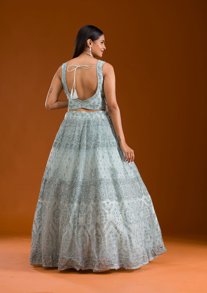 Sea Green Stonework Net Readymade Lehenga