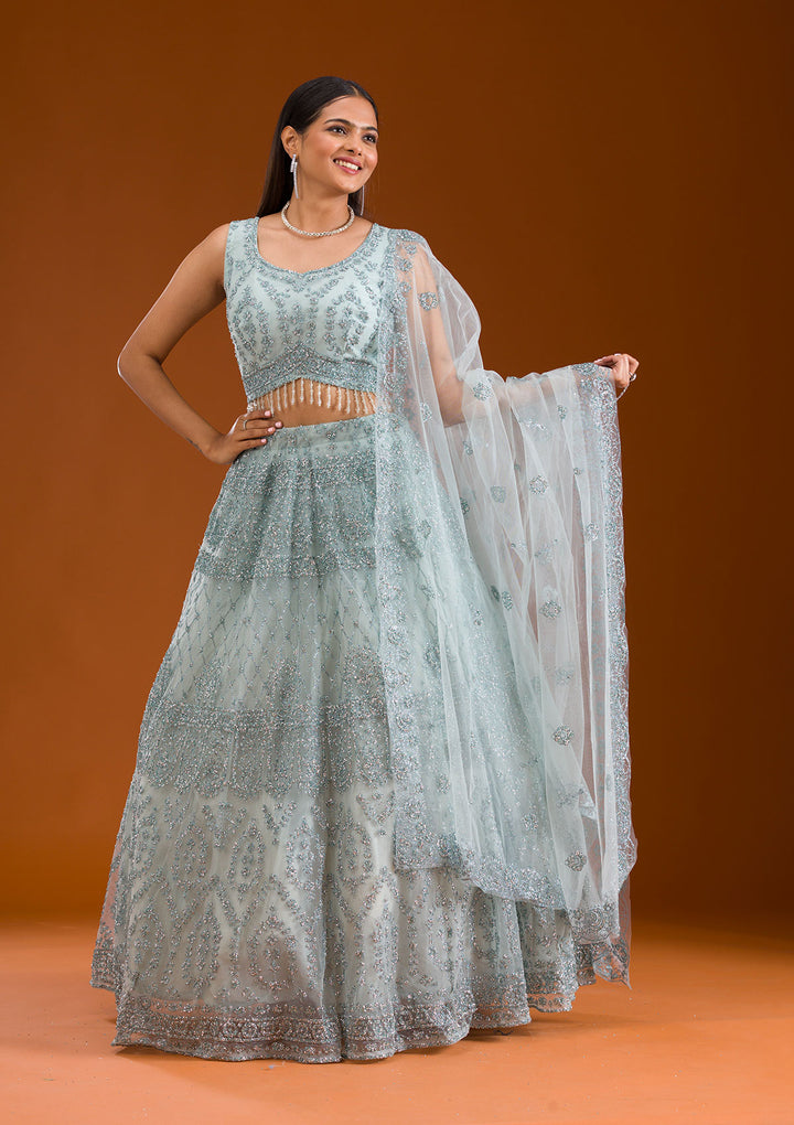 Sea Green Stonework Net Readymade Lehenga