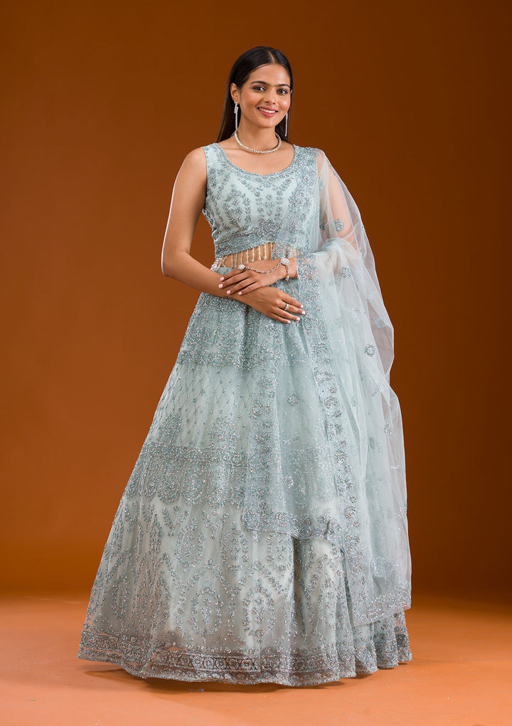 Sea Green Stonework Net Readymade Lehenga