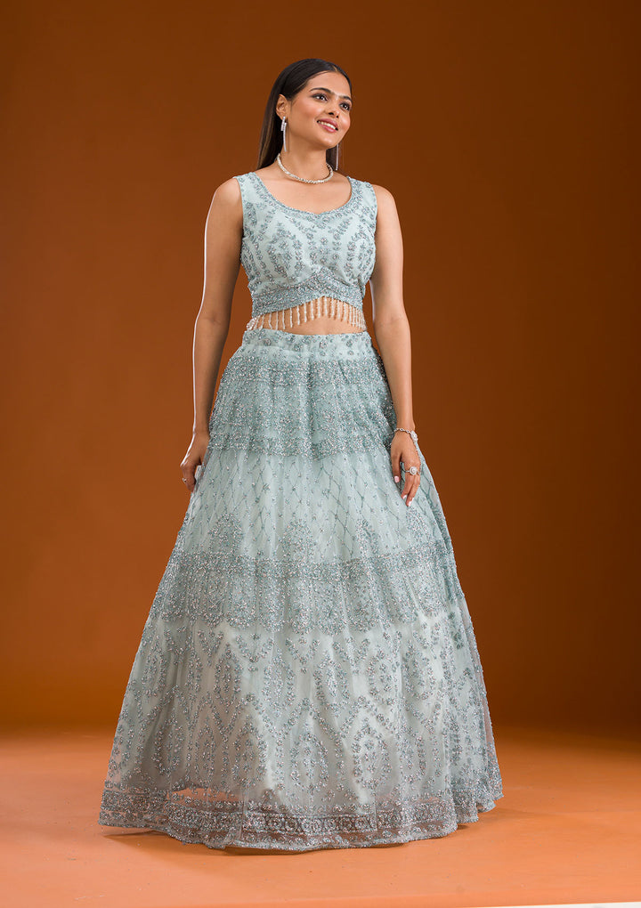 Sea Green Stonework Net Readymade Lehenga