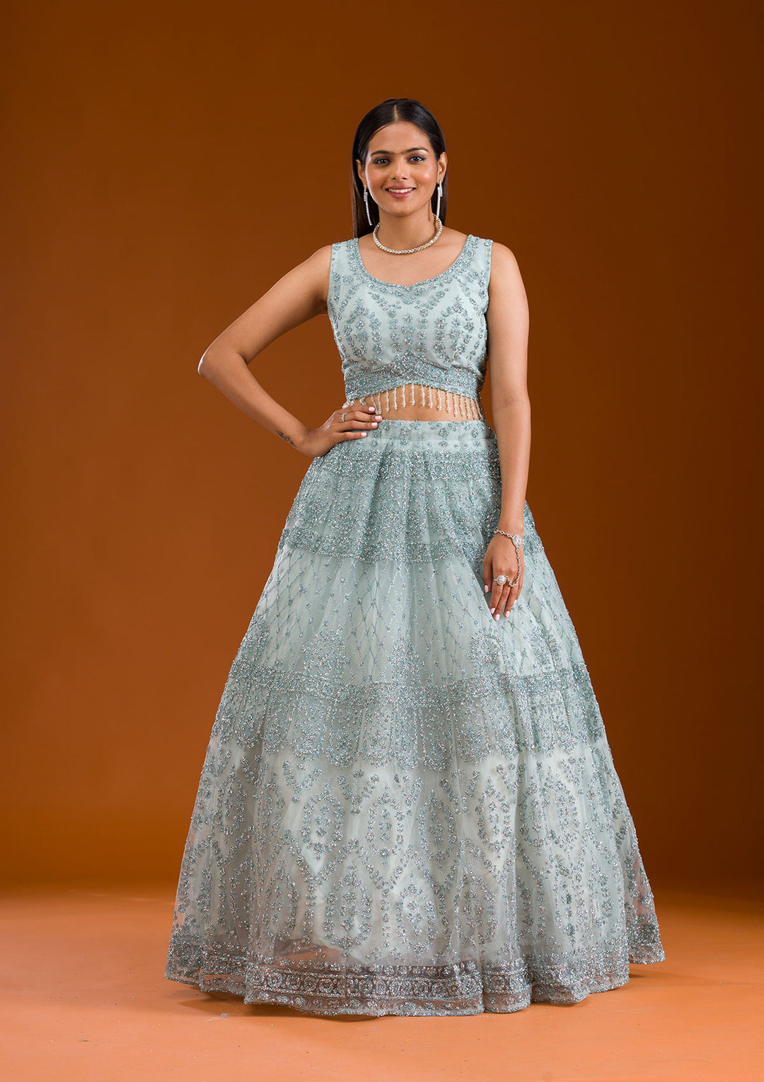 Sea Green Stonework Net Readymade Lehenga