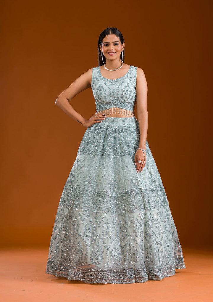 Sea Green Stonework Net Readymade Lehenga