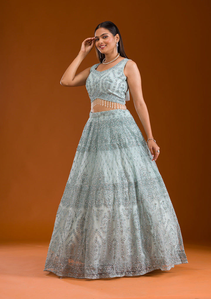 Sea Green Stonework Net Readymade Lehenga