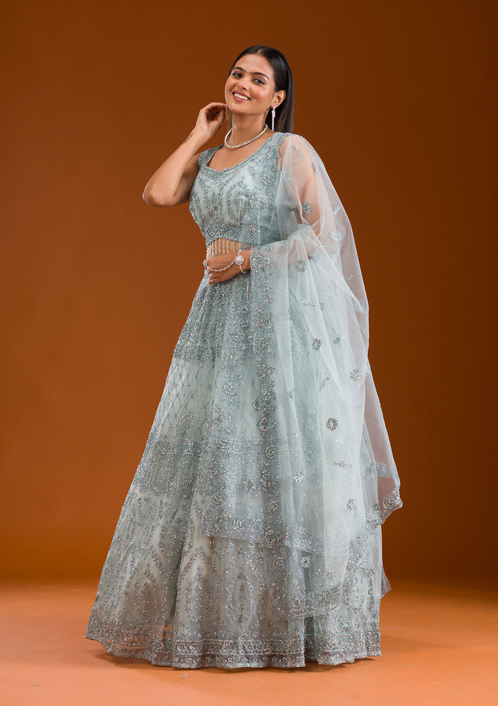 Sea Green Stonework Net Readymade Lehenga