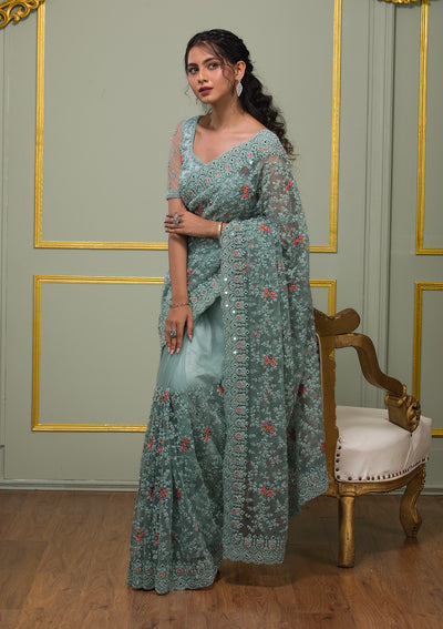 Sea Green Stonework Net Saree-Koskii