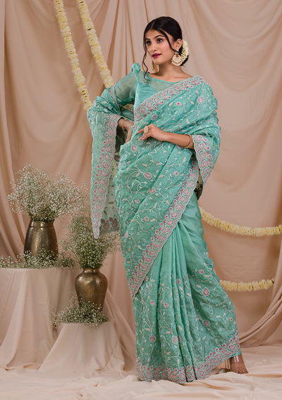 Sea Green Stonework Net Saree-Koskii