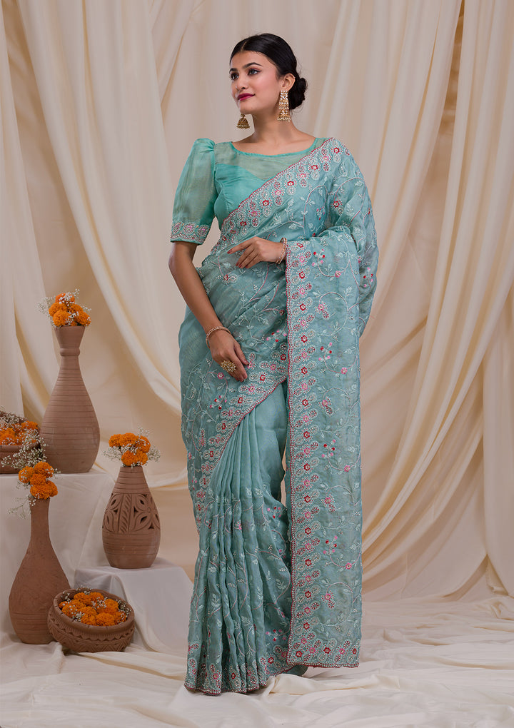 Sea Green Stonework Net Saree