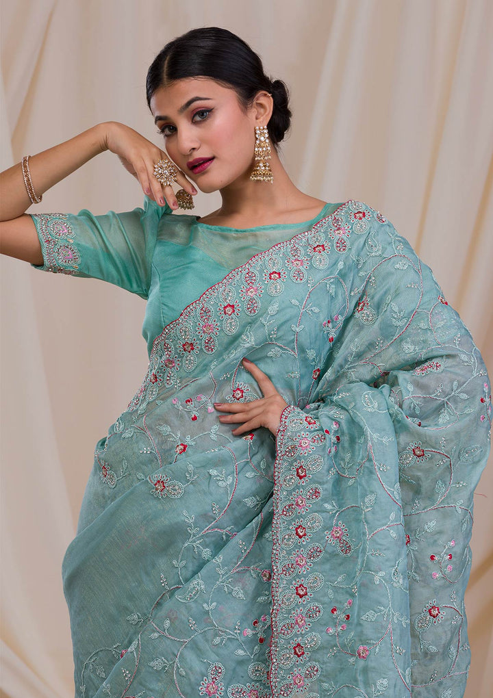 Sea Green Stonework Net Saree