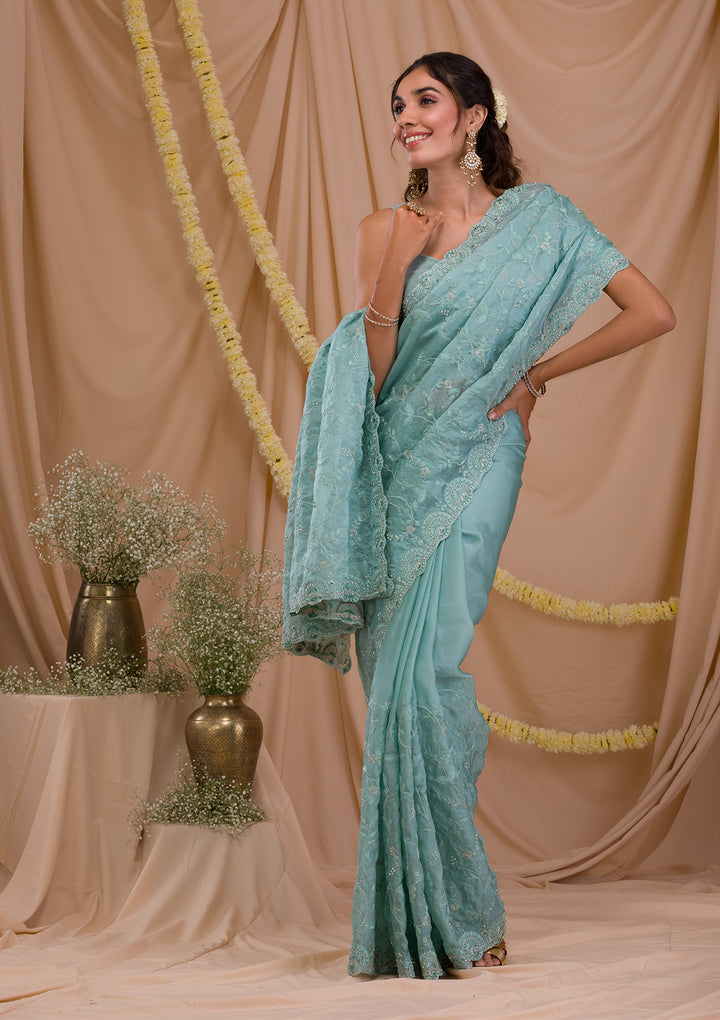 Sea Green Stonework Net Saree