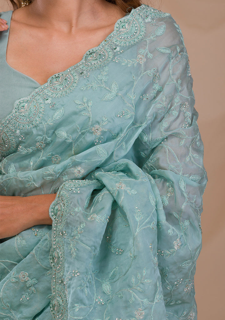 Sea Green Stonework Net Saree