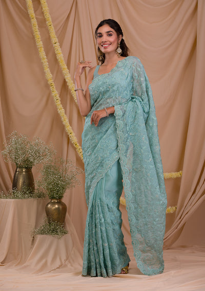 Sea Green Stonework Net Saree-Koskii