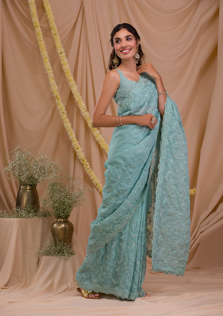 Sea Green Stonework Net Saree