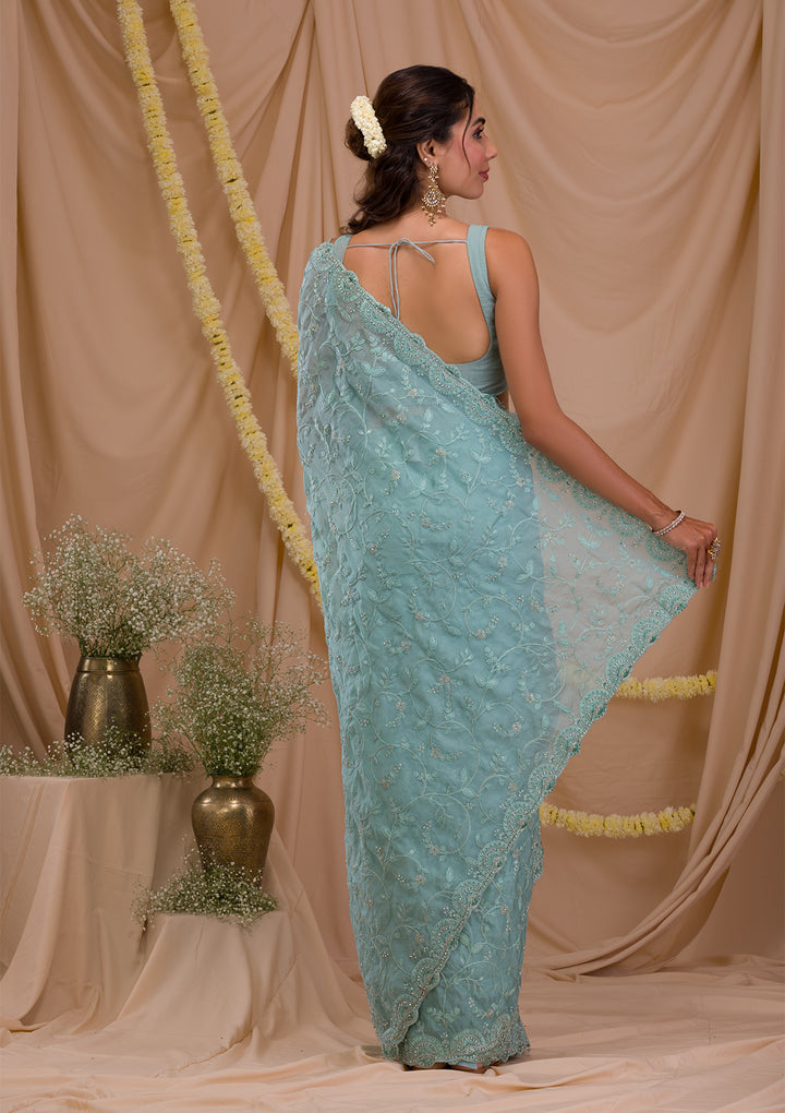 Sea Green Stonework Net Saree