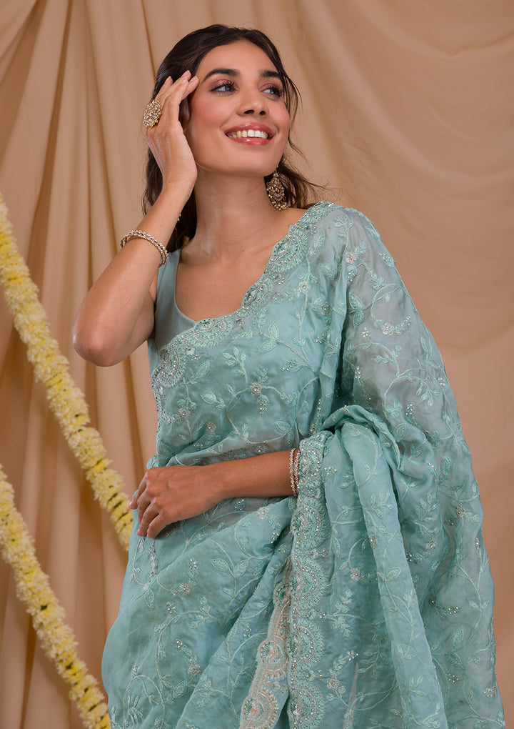 Sea Green Stonework Net Saree