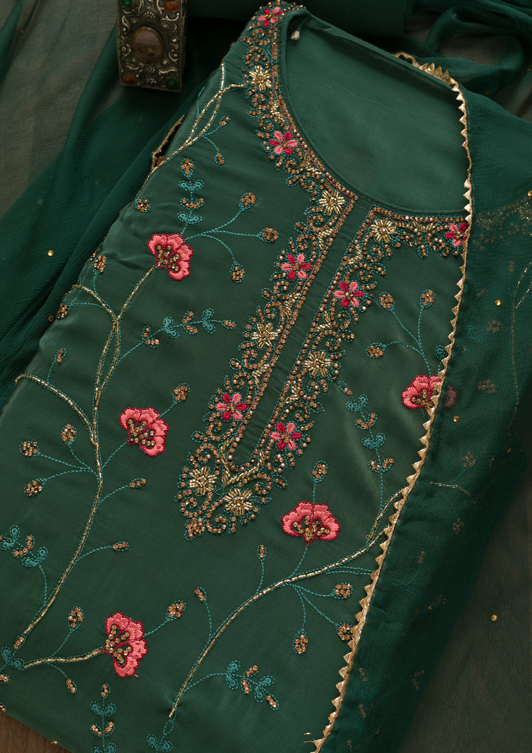 Sea Green Stonework Crepe Unstitched Salwar Suit