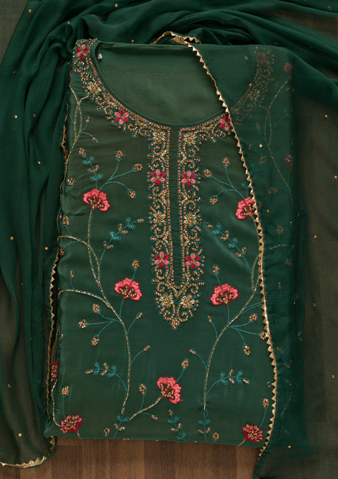 Sea Green Stonework Crepe Unstitched Salwar Suit