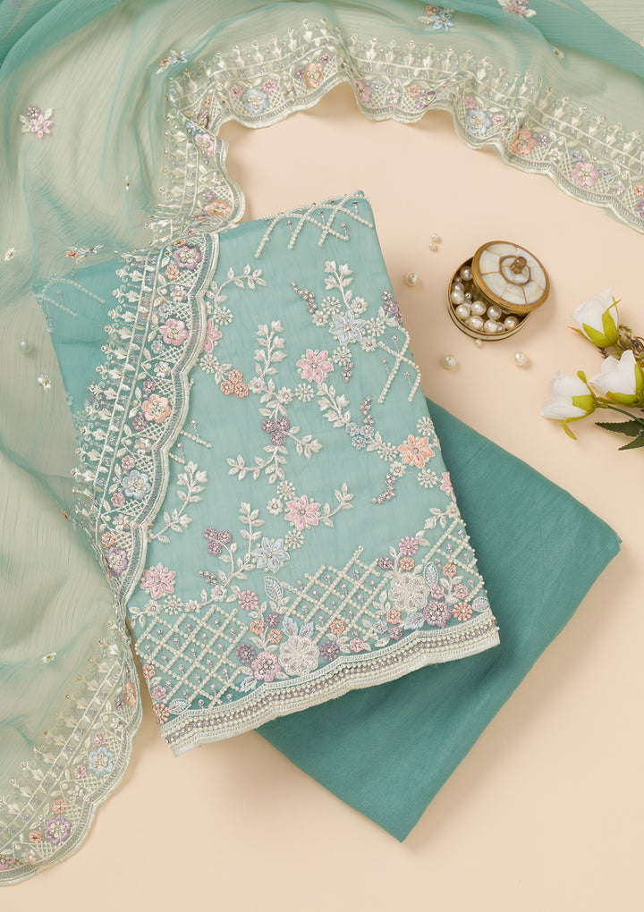 Sea Green Stonework Semi Crepe Unstitched Salwar Suit