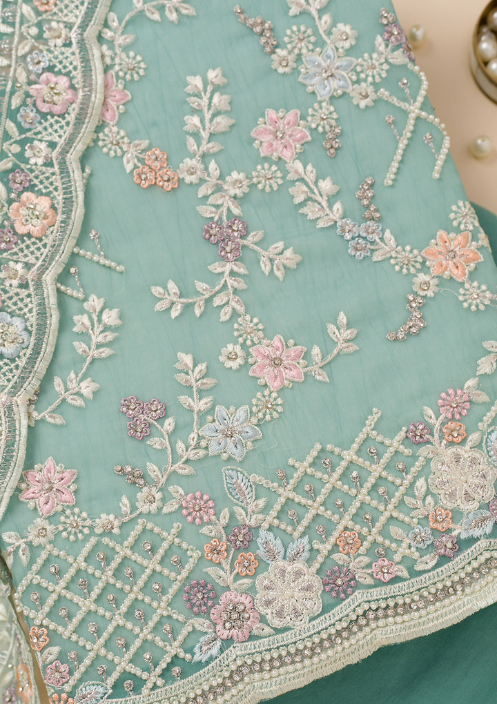 Sea Green Stonework Semi Crepe Unstitched Salwar Suit