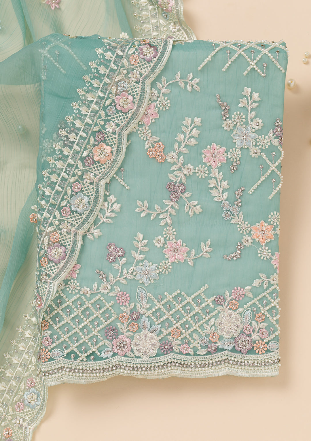 Sea Green Stonework Semi Crepe Unstitched Salwar Suit