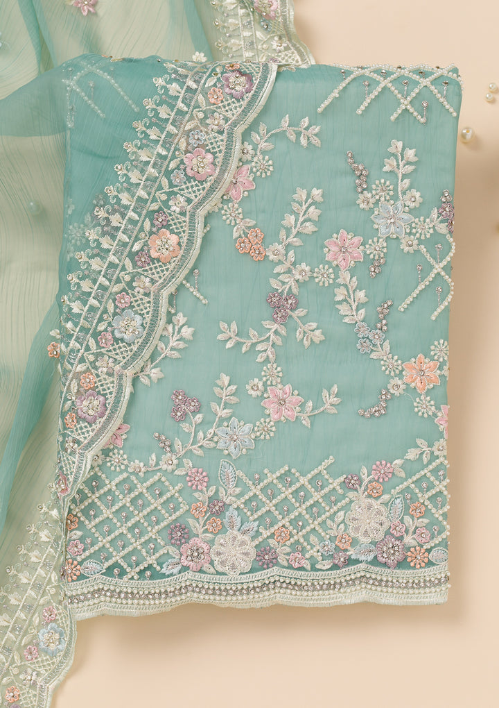 Sea Green Stonework Semi Crepe Unstitched Salwar Suit