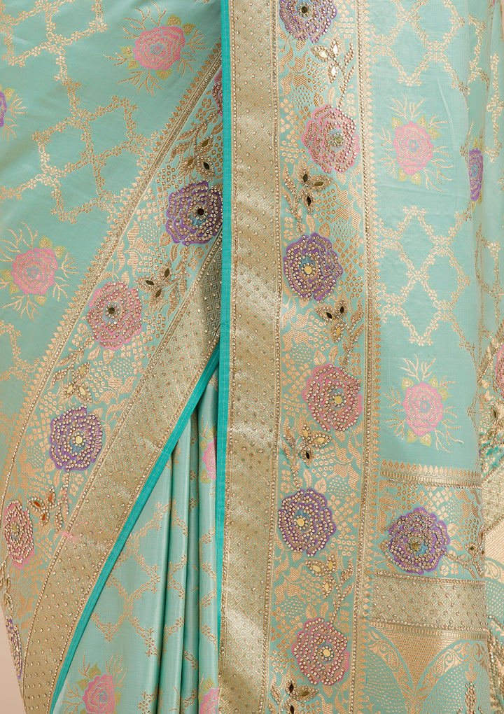 Sea Green Stonework Soft Silk Saree