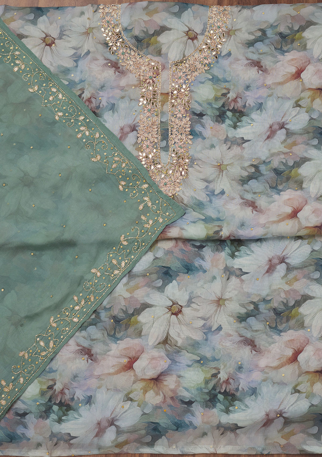 Sea Green Stonework Tissue Unstitched Salwar Suit