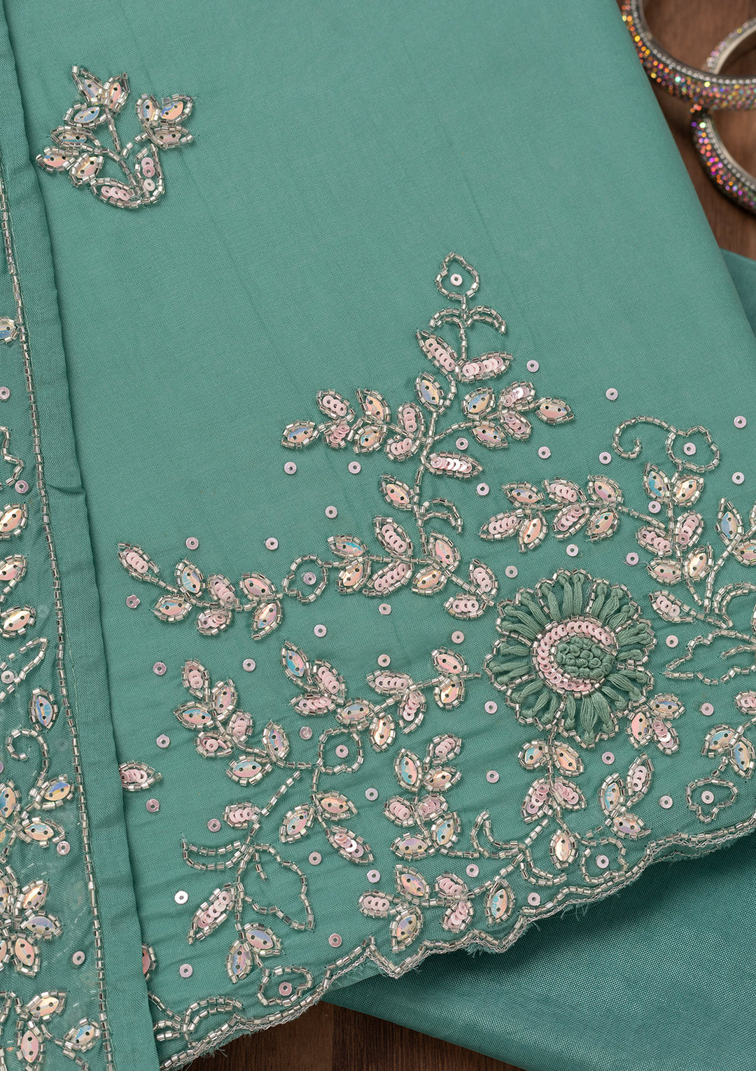 Sea Green Stonework Tissue Unstitched Salwar Suit