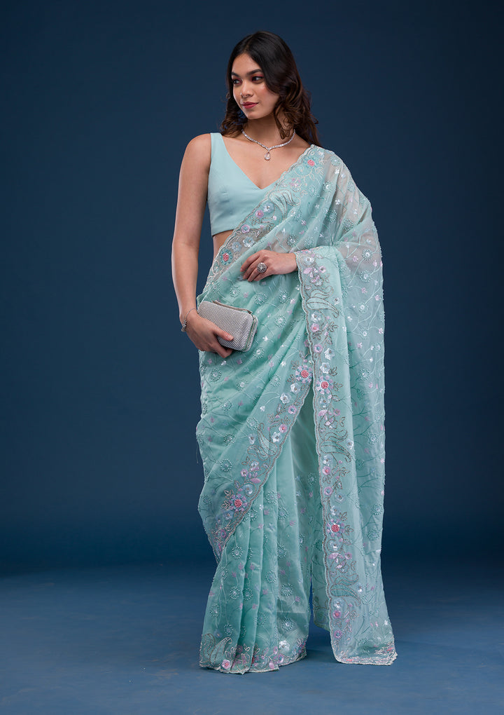 Sea Green Stonework Tissue Saree