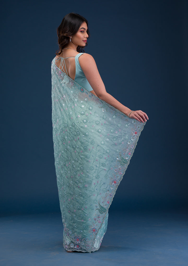Sea Green Stonework Tissue Saree