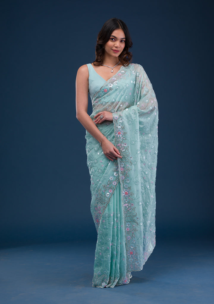 Sea Green Stonework Tissue Saree