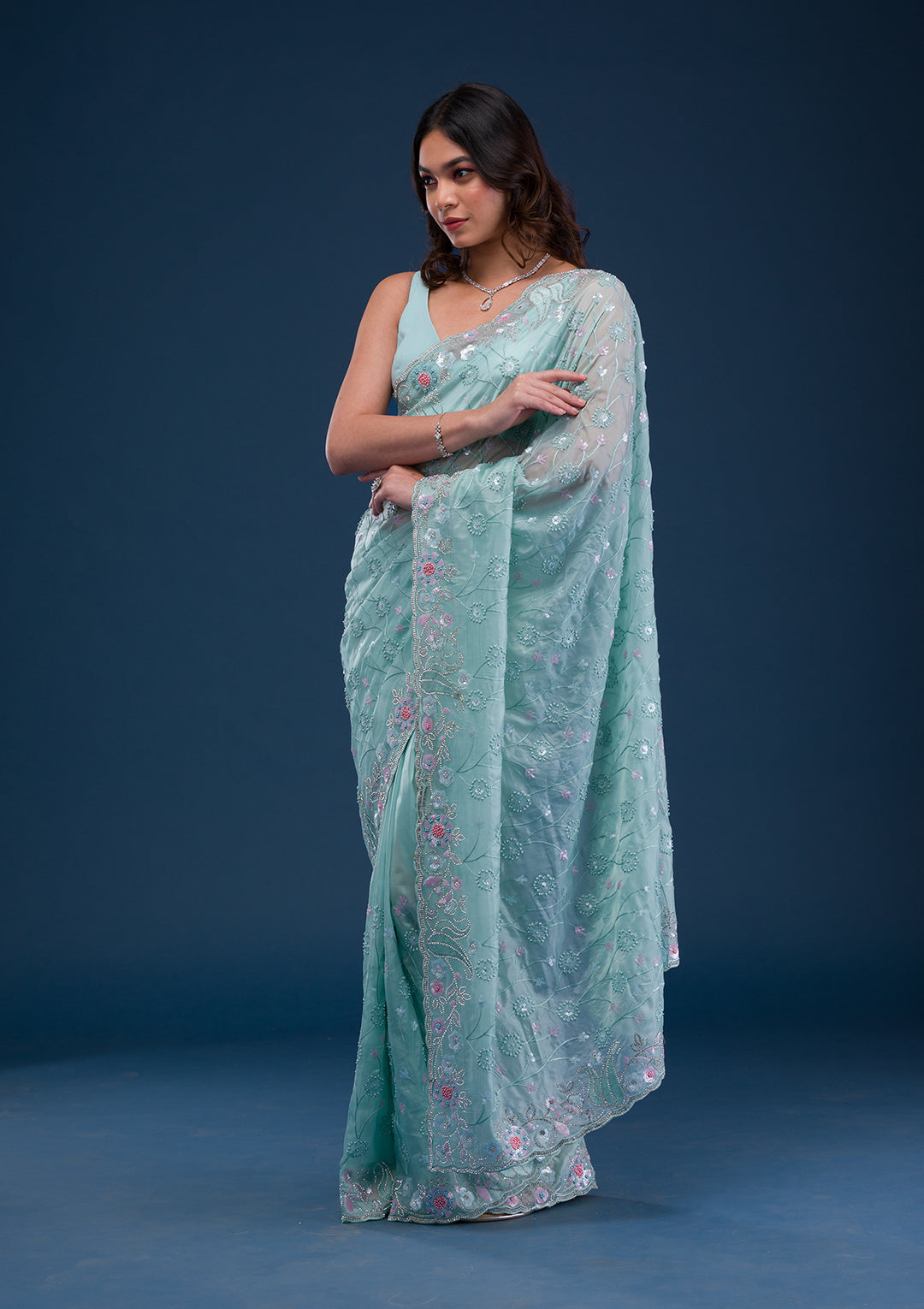 Sea Green Stonework Tissue Saree