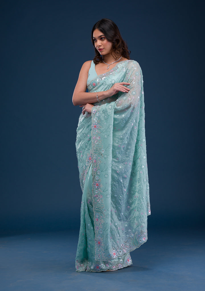 Sea Green Stonework Tissue Saree