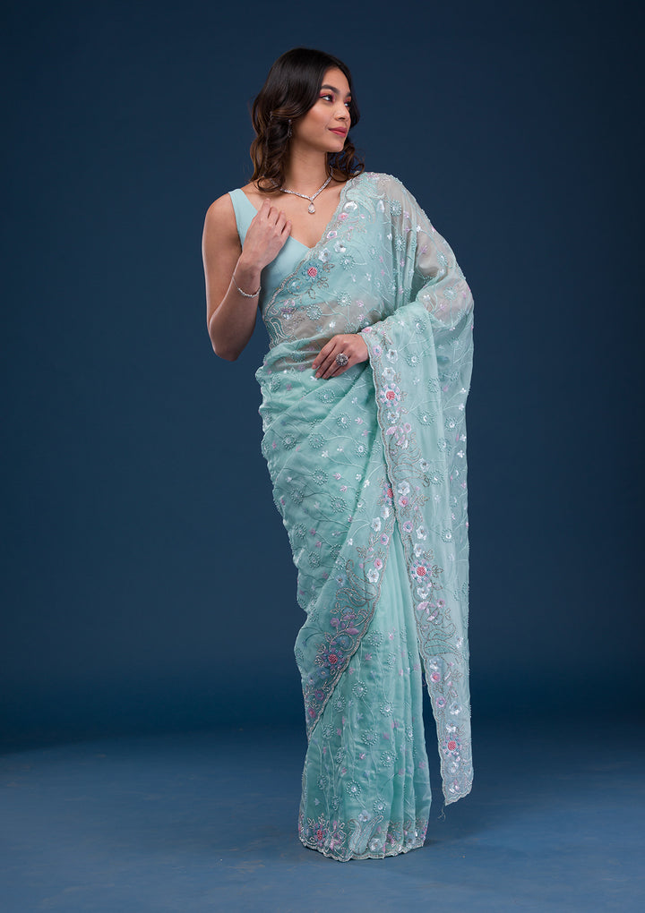 Sea Green Stonework Tissue Saree
