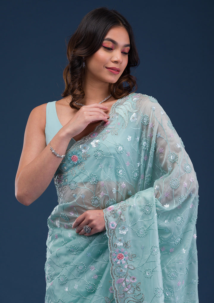 Sea Green Stonework Tissue Saree