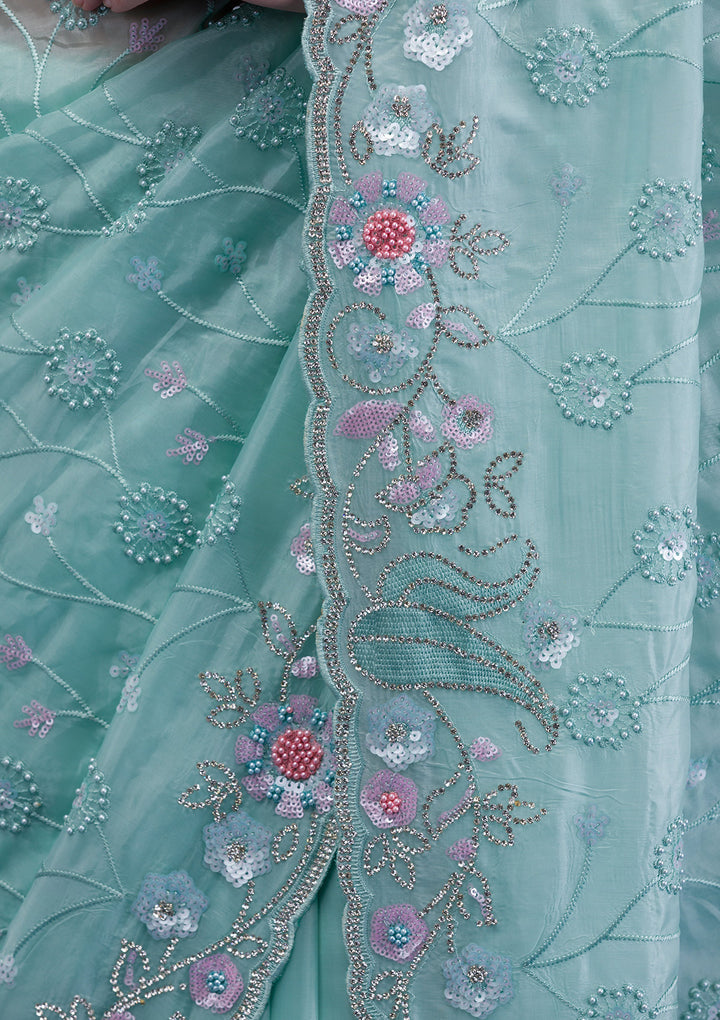 Sea Green Stonework Tissue Saree