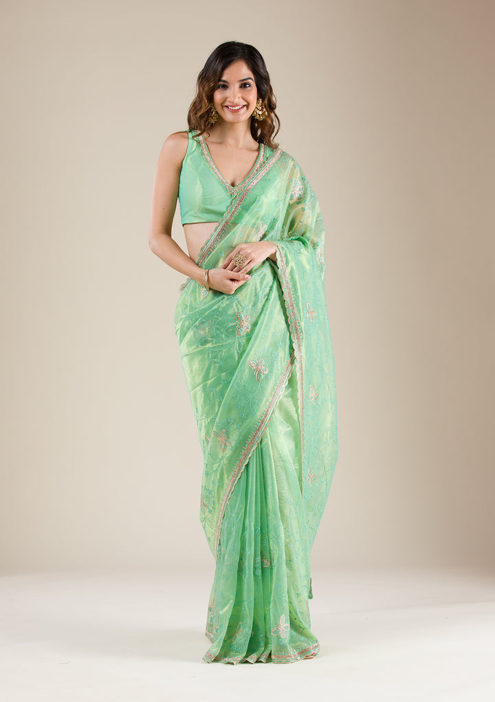 Sea Green Stonework Tissue Saree