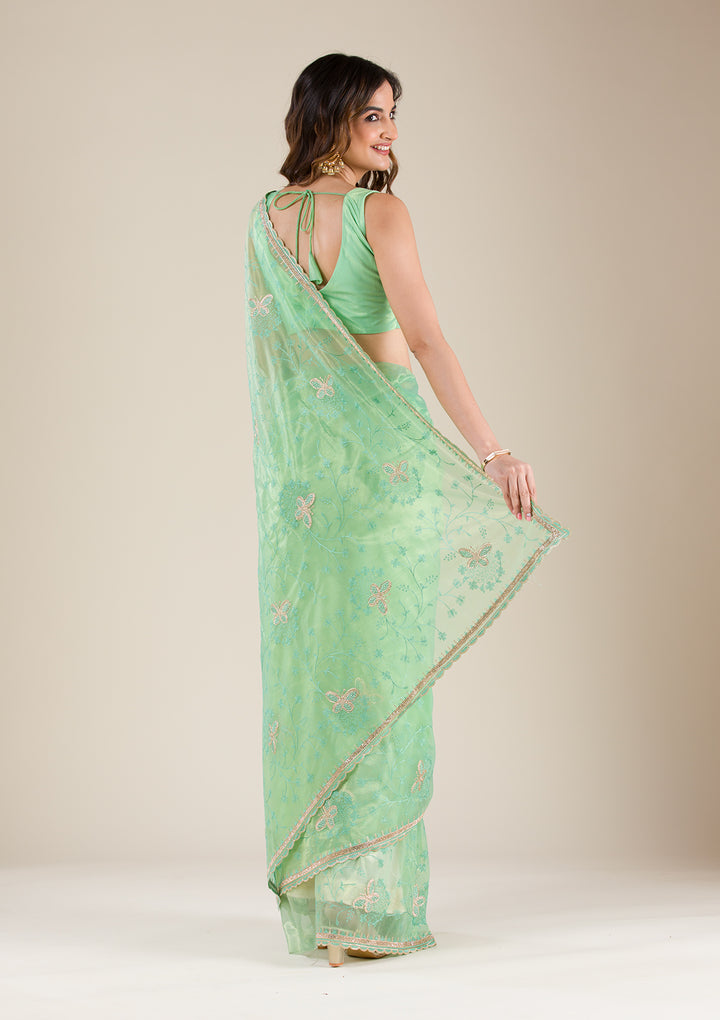 Sea Green Stonework Tissue Saree