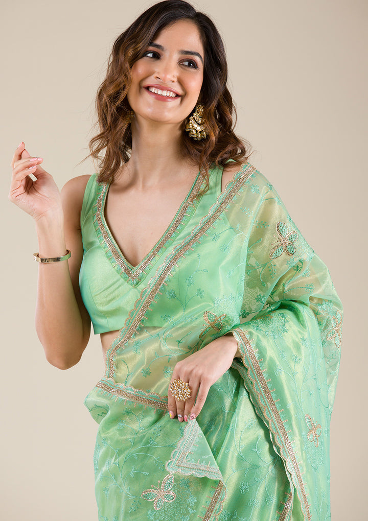 Sea Green Stonework Tissue Saree