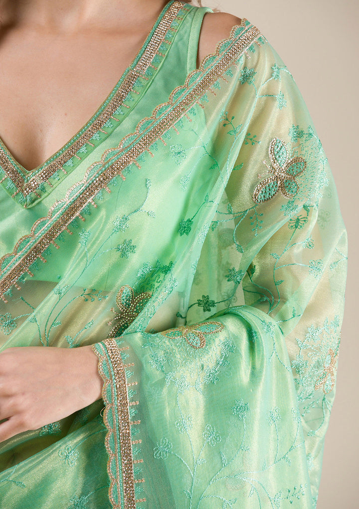Sea Green Stonework Tissue Saree