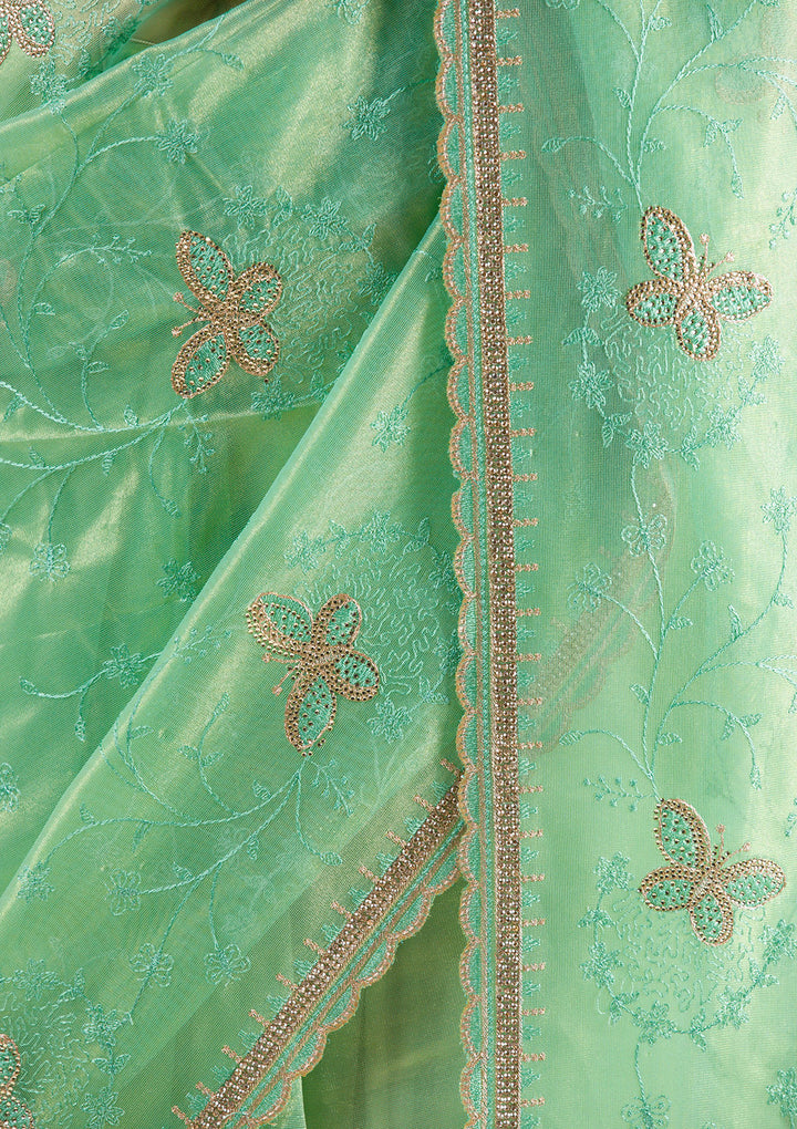 Sea Green Stonework Tissue Saree