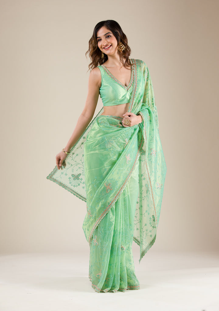 Sea Green Stonework Tissue Saree