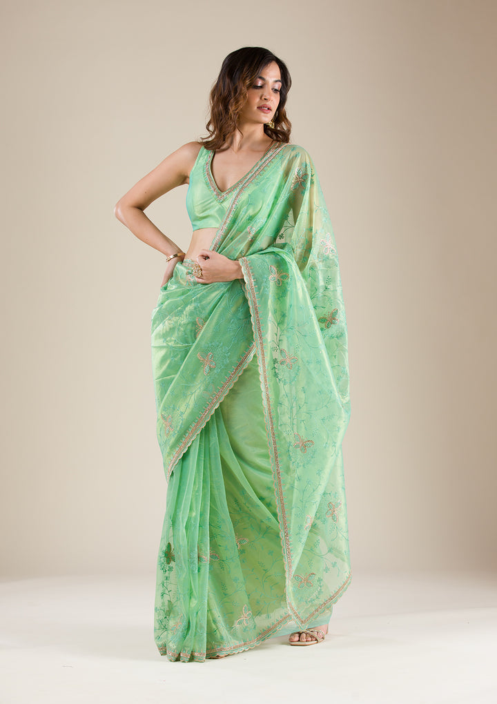 Sea Green Stonework Tissue Saree