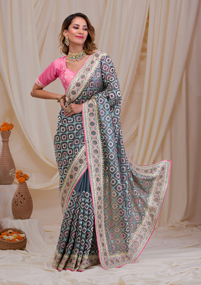 Sea Green Swarovski Chiffon Saree-Koskii