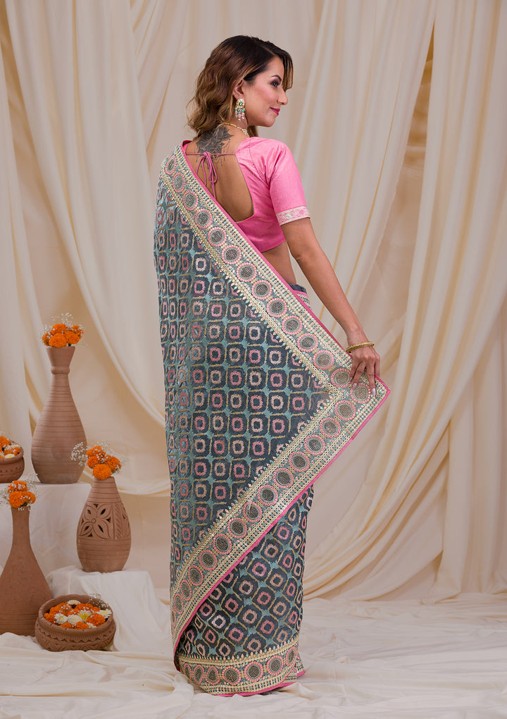 Sea Green Swarovski Chiffon Saree